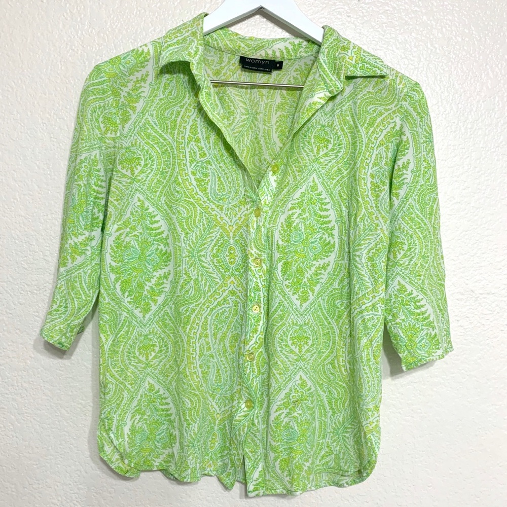 Womyn Neon Green Paisley Button Up Blouse Top